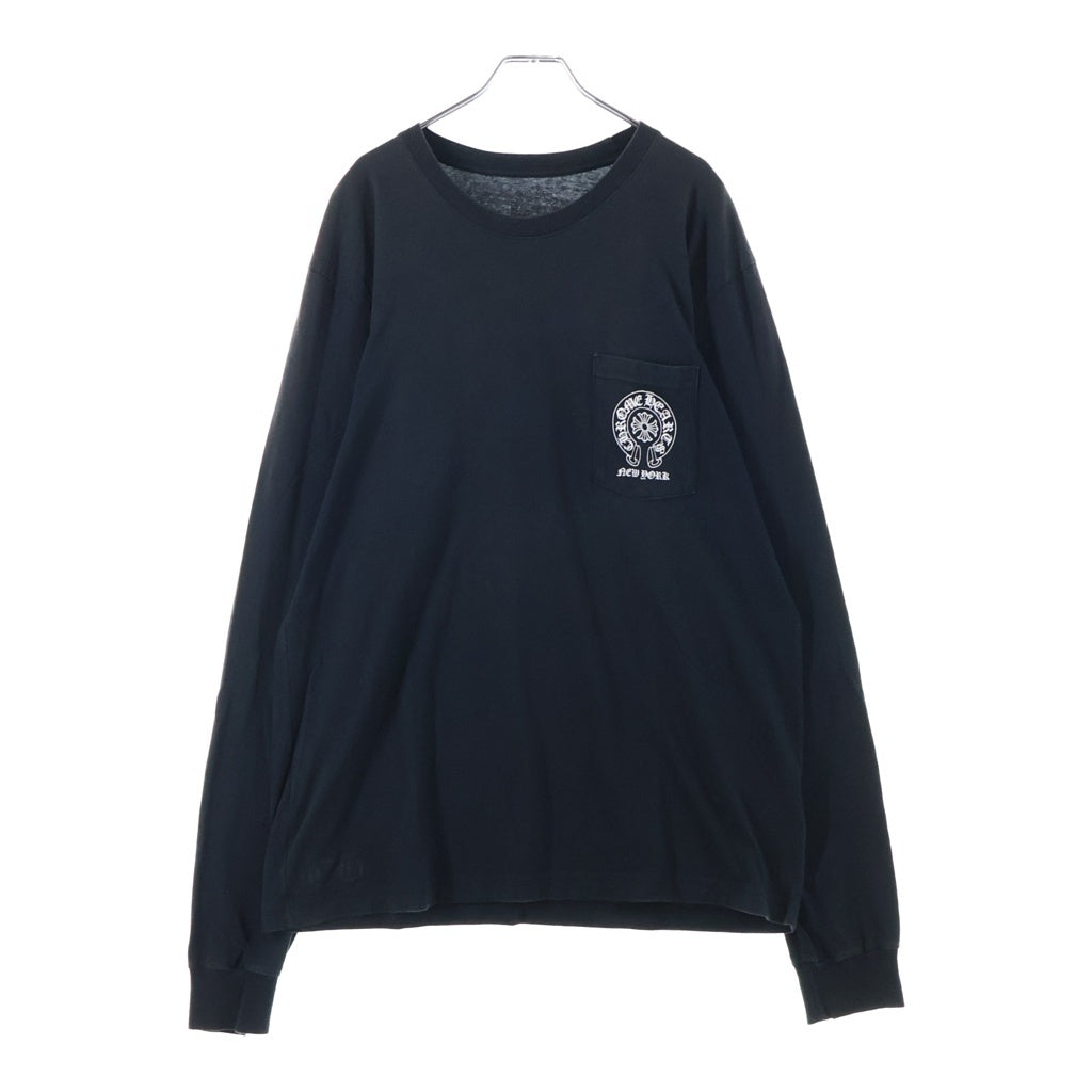 CHROME HEARTS(クロムハーツ) NEW YORK LIMITED FLORAL CROSS HORSESHOE L/S TEE ニューヨーク限定 袖フローラルクロス ホースシュー ロゴプリント ポケット クルーネック 長袖Tシャツ カットソー ブラック