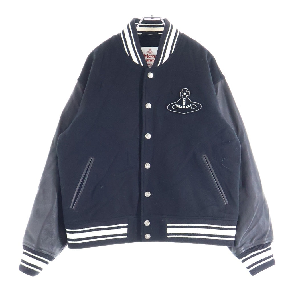 Vivienne Westwood MAN(ヴィヴィアンウエストウッドマン) オーブロゴワッペン付き レザー切り替え バーシティジャケット スタジアムジャンパー ブラック 26-12-452003