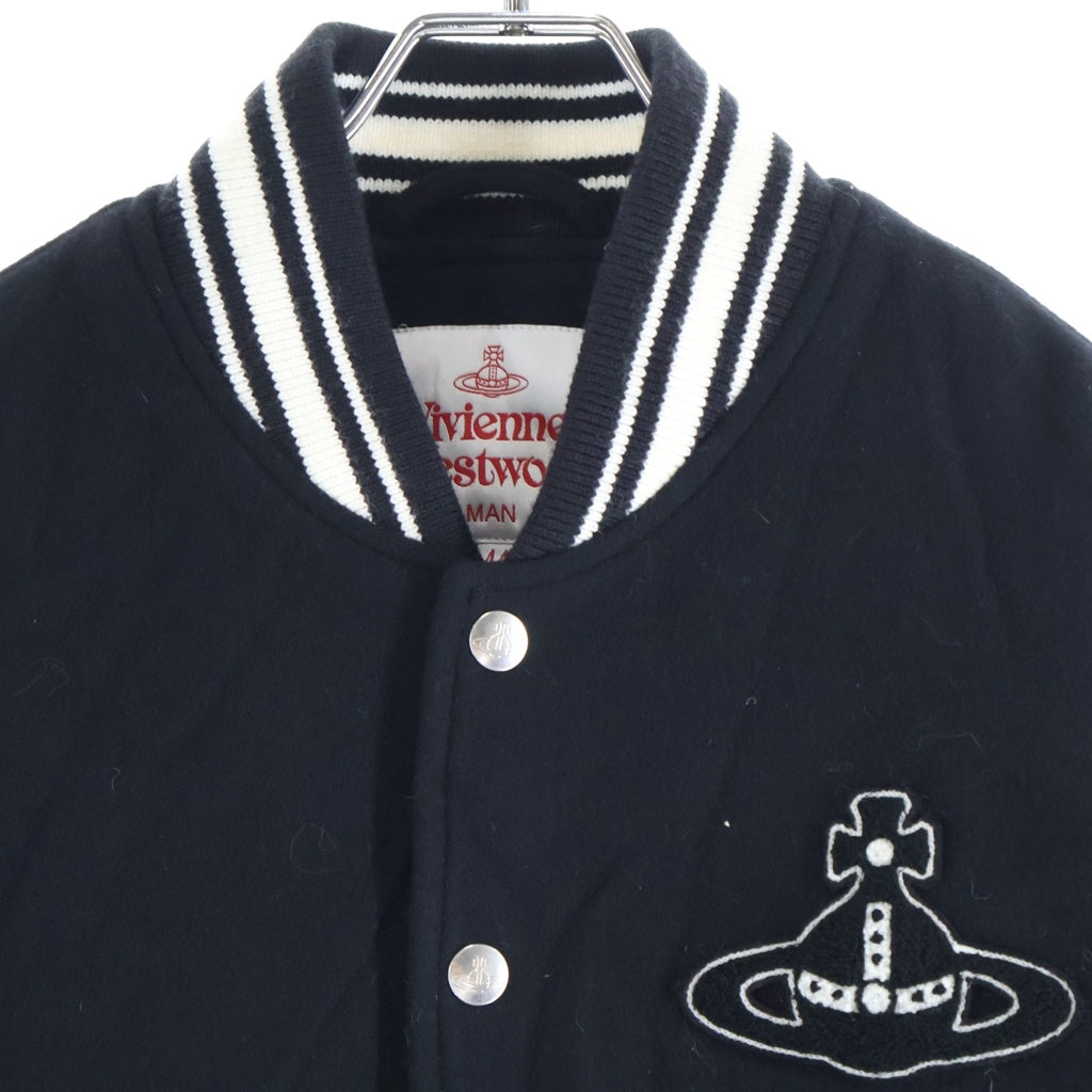 Vivienne Westwood MAN(ヴィヴィアンウエストウッドマン) オーブロゴワッペン付き レザー切り替え バーシティジャケット スタジアムジャンパー ブラック 26-12-452003