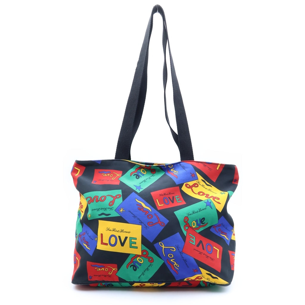 YVES SAINT LAURENT(イヴサンローラン) ロゴ金具付 LOVE柄 ラウンドジップ ナイロン トートバッグ マルチカラー レディース