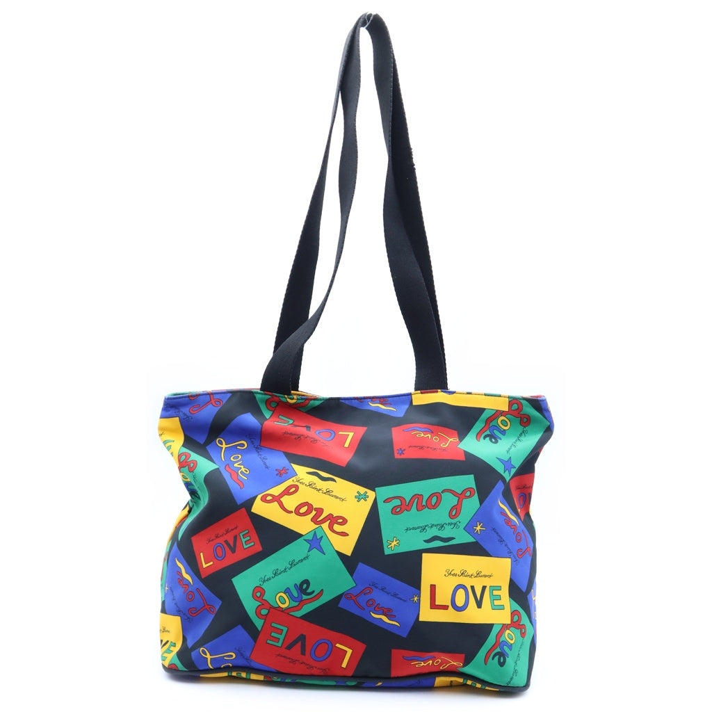 YVES SAINT LAURENT(イヴサンローラン) ロゴ金具付 LOVE柄 ラウンドジップ ナイロン トートバッグ マルチカラー レディース