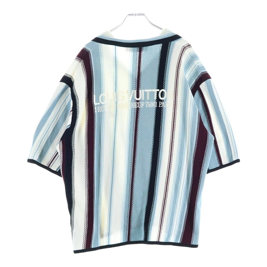 LOUIS VUITTON(ルイヴィトン) 23SS ロゴエンブロイダリー ストライプ オープンカラー 半袖ニットシャツ ブルー/ホワイト/ブラック RM252MM USO HTN23W
