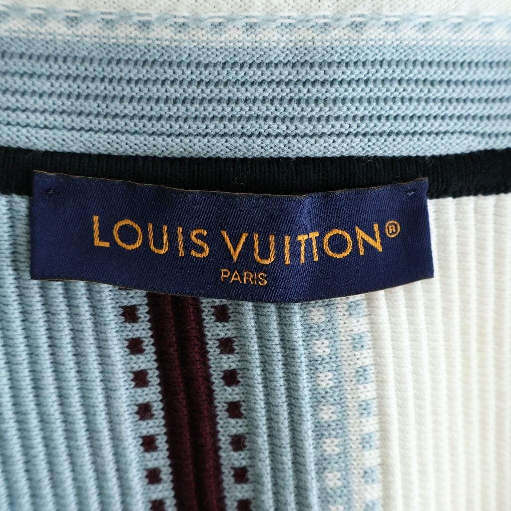 LOUIS VUITTON(ルイヴィトン) 23SS ロゴエンブロイダリー ストライプ オープンカラー 半袖ニットシャツ ブルー/ホワイト/ブラック RM252MM USO HTN23W