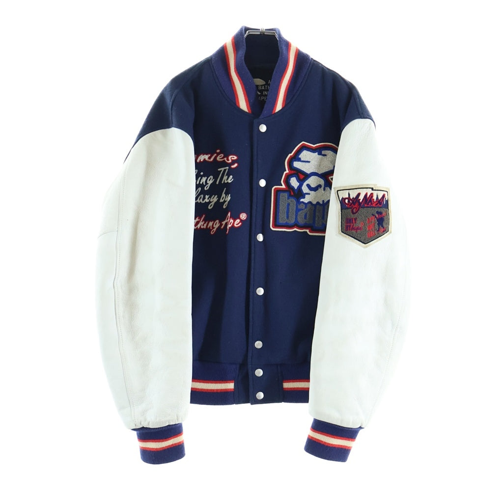 A BATHING APE(アベイシングエイプ) 90S VINTAGE VARSITY JACKET ヴィンテージ アームレザー切替 チェーンステッチ ロゴワッペン バーシティージャケット スタジャン ネイビー
