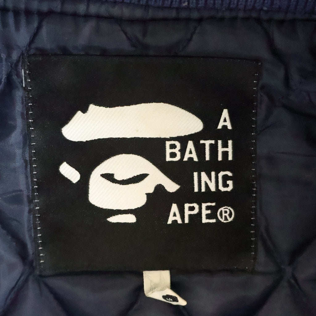 A BATHING APE(アベイシングエイプ) 90S VINTAGE VARSITY JACKET ヴィンテージ アームレザー切替 チェーンステッチ ロゴワッペン バーシティージャケット スタジャン ネイビー