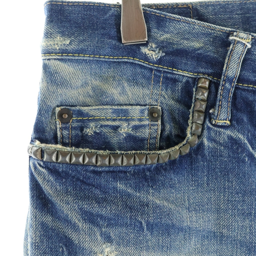HYSTERIC GLAMOUR(ヒステリックグラマー) ピラミッドスタッズ ロゴステンシル ダメージ加工デニムパンツ ボタンフライジーンズ インディゴ 4AP-2114