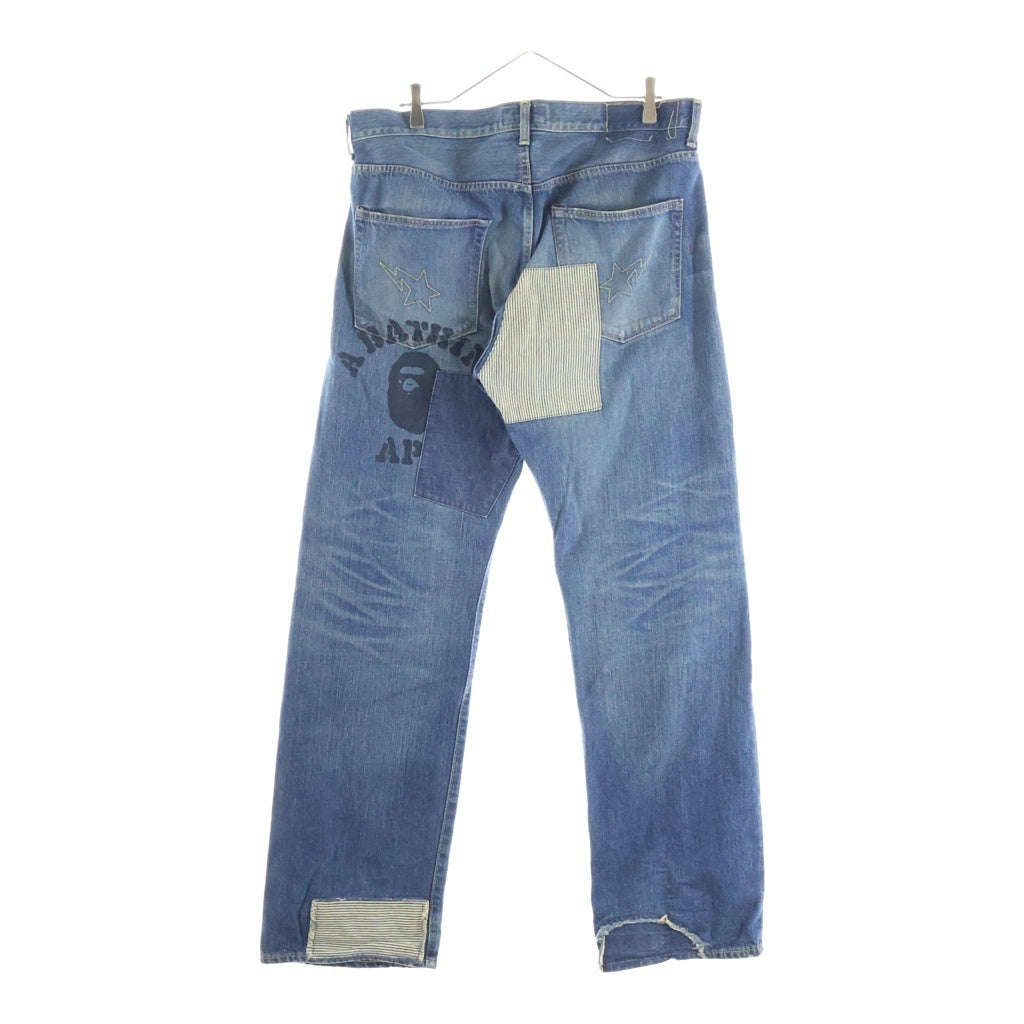 A BATHING APE(アベイシングエイプ) TYPE2 カモ柄パッチワーク リペア加工デニムパンツ ボタンフライジーンズ インディゴ 1870-150-029