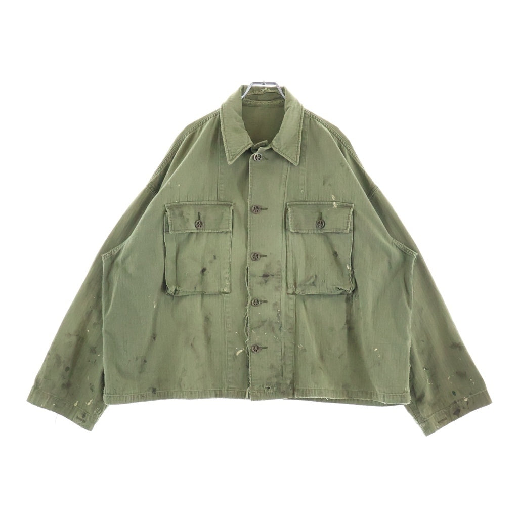 READY MADE(レディメイド) 24AW HERINGBONE SHIRT JACKET ピースマークステンシル ヴィンテージ加工 ヘリンボーン ミリタリーシャツジャケット オリーブ RE-CO-KH-00-00-259