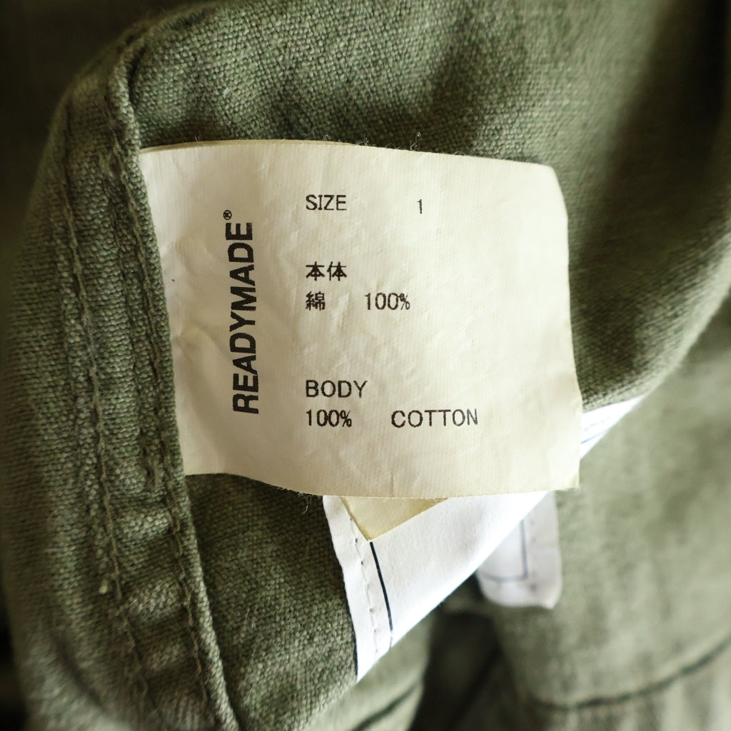 READY MADE(レディメイド) 24AW HERINGBONE SHIRT JACKET ピースマークステンシル ヴィンテージ加工 ヘリンボーン ミリタリーシャツジャケット オリーブ RE-CO-KH-00-00-259