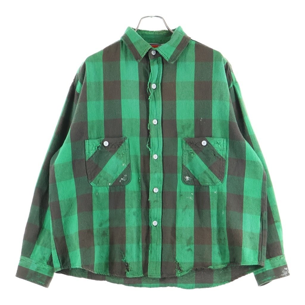 SAINT MICHAEL(セントマイケル) 25SS FLANNEL CHECK SHIRT ヴィンテージ加工 チェック柄 長袖フランネルシャツ グリーン SM-HR8-0000-041