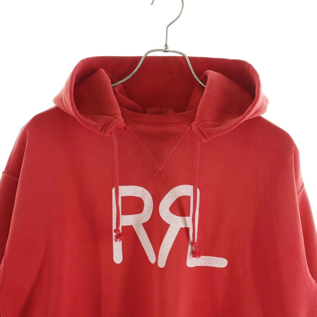 RRL(ダブルアールエル) 21AW LOGO FLECE HOODIE ロゴプリント ダブルポケット フード後付け プルオーバースウェットパーカー フーディー レッド 0200011589