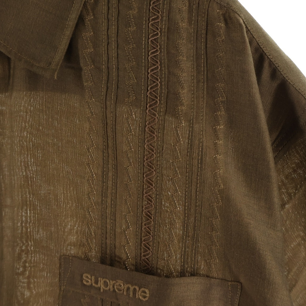 SUPREME(シュプリーム) 26SS Pintuck S/S Shirt ロゴ刺繍ポリエステル半袖シャツ ブラウン キューバシャツ