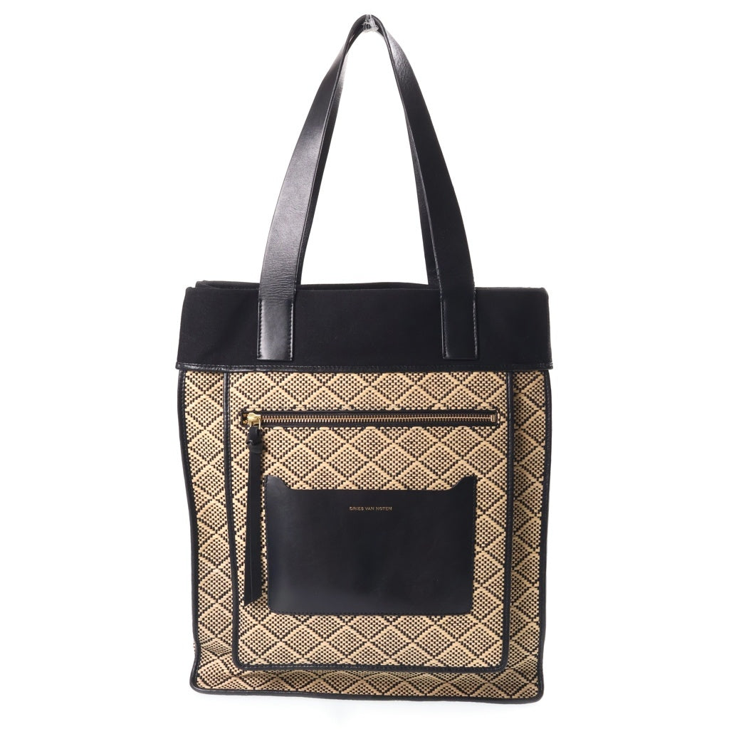 DRIES VAN NOTEN(ドリスヴァンノッテン) ジオメトリックダイヤモンドパターン レザー切替 トートバッグ ブラック/ベージュ レディース