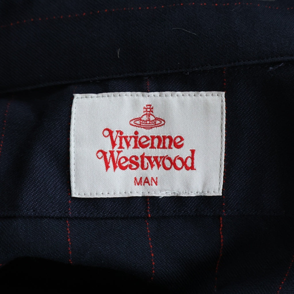 Vivienne Westwood MAN(ヴィヴィアンウエストウッドマン) オーブロゴエンブロイダリー ストライプ オーバーサイズ長袖シャツ ネイビー/レッド VW-W1-76628