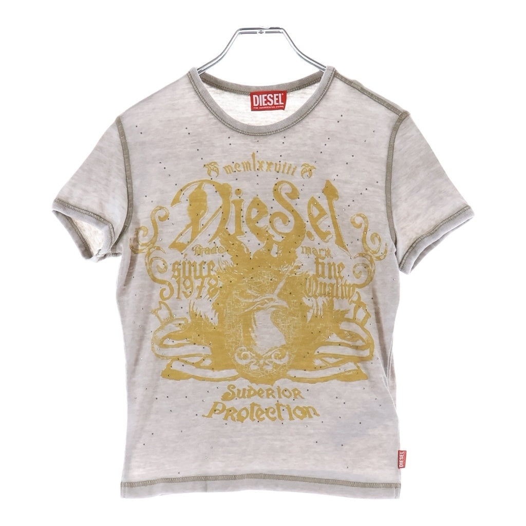 DIESEL(ディーゼル) T-UNCUTIES-LONG-AA3 グラフィックプリント ラインストーン装飾 クルーネック 半袖Tシャツ カットソー グレー レディース A23329
