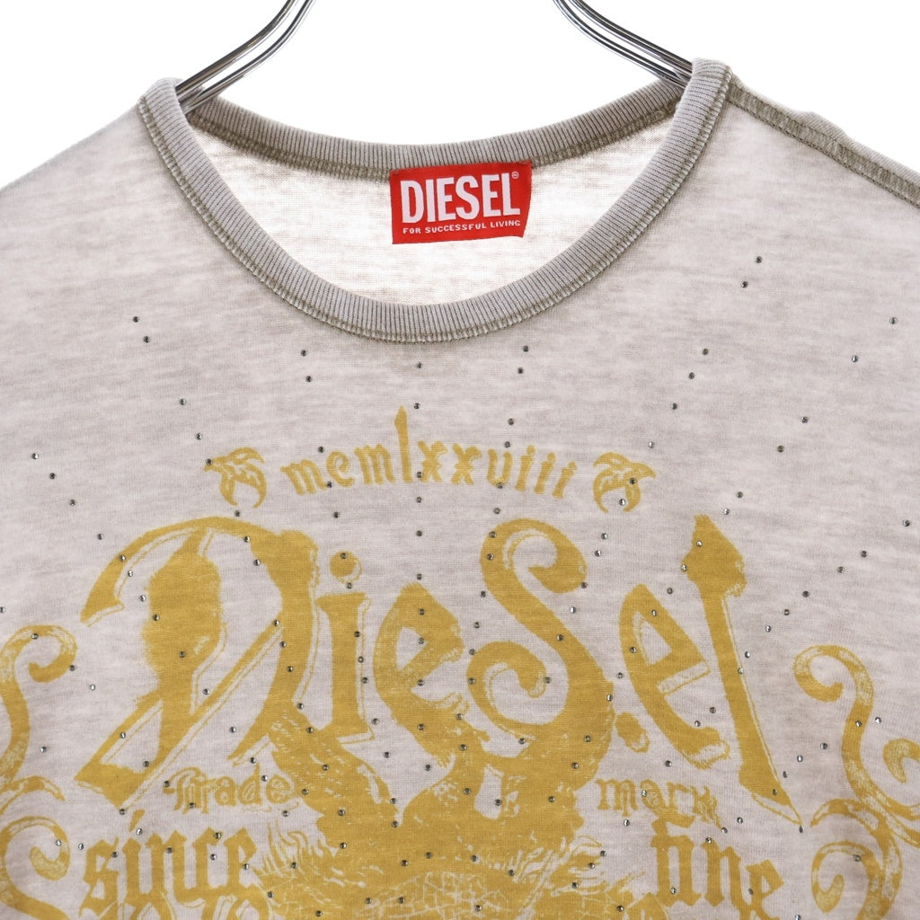 DIESEL(ディーゼル) T-UNCUTIES-LONG-AA3 グラフィックプリント ラインストーン装飾 クルーネック 半袖Tシャツ カットソー グレー レディース A23329