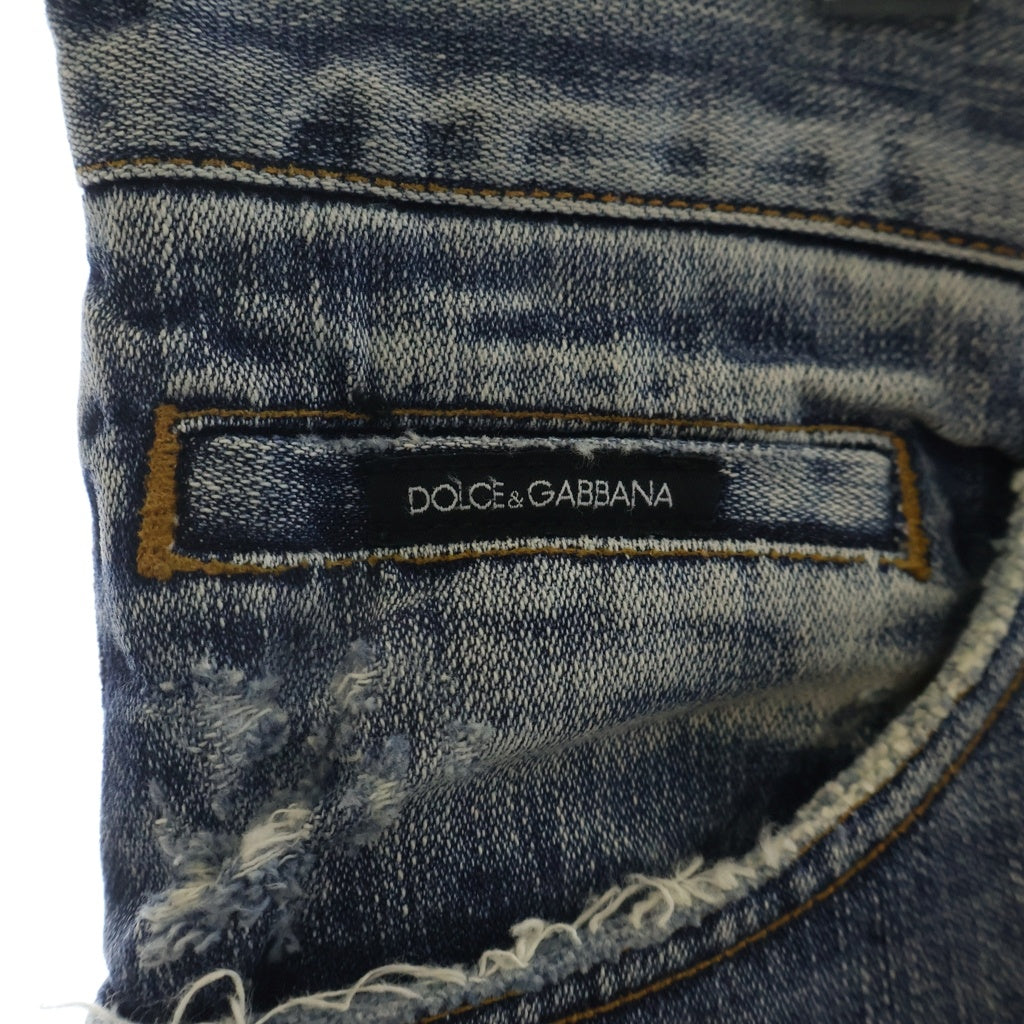 DOLCE & GABBANA(ドルチェアンドガッバーナ) ダメージ加工 ロゴプレート ジップフライデニムパンツ ジーンズ インディゴ G390CD/G8206