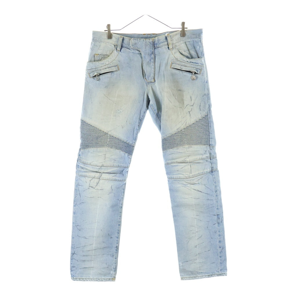 BALMAIN(バルマン) BIKER JEANS ダメージ加工 蛇腹 ジップフライ スリム バイカーデニムパンツ ジーンズ インディゴ T567-B562