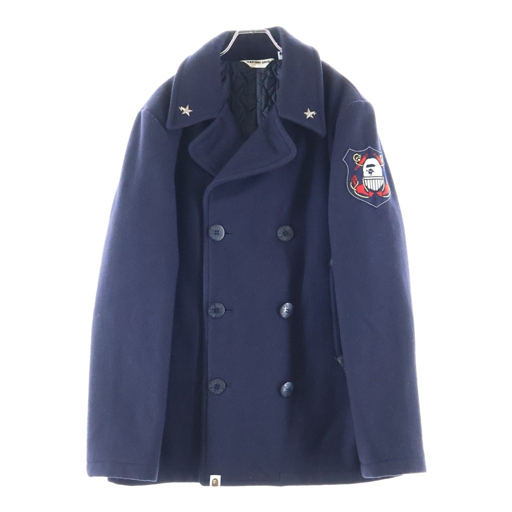 A BATHING APE(アベイシングエイプ) MELTON PEA COAT メルトンピーコート 袖ワッペン ウールジャケット ネイビー