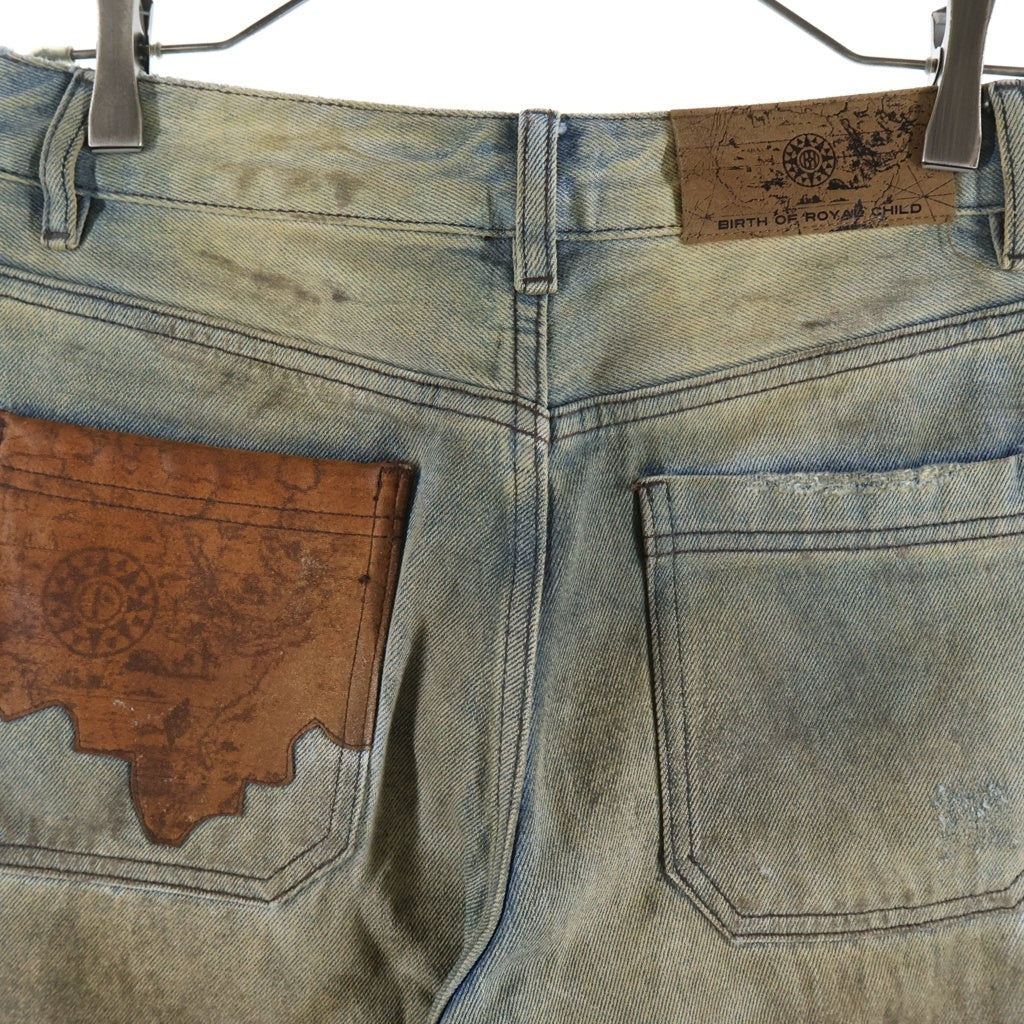 BIRTH OF ROYAL CHILD(バースオブロイヤルチャイルド) WAX BAGGY DENIM バックポケットデザイン キー刺繍 ワックスコーティング デニム バギーパンツ インディゴ