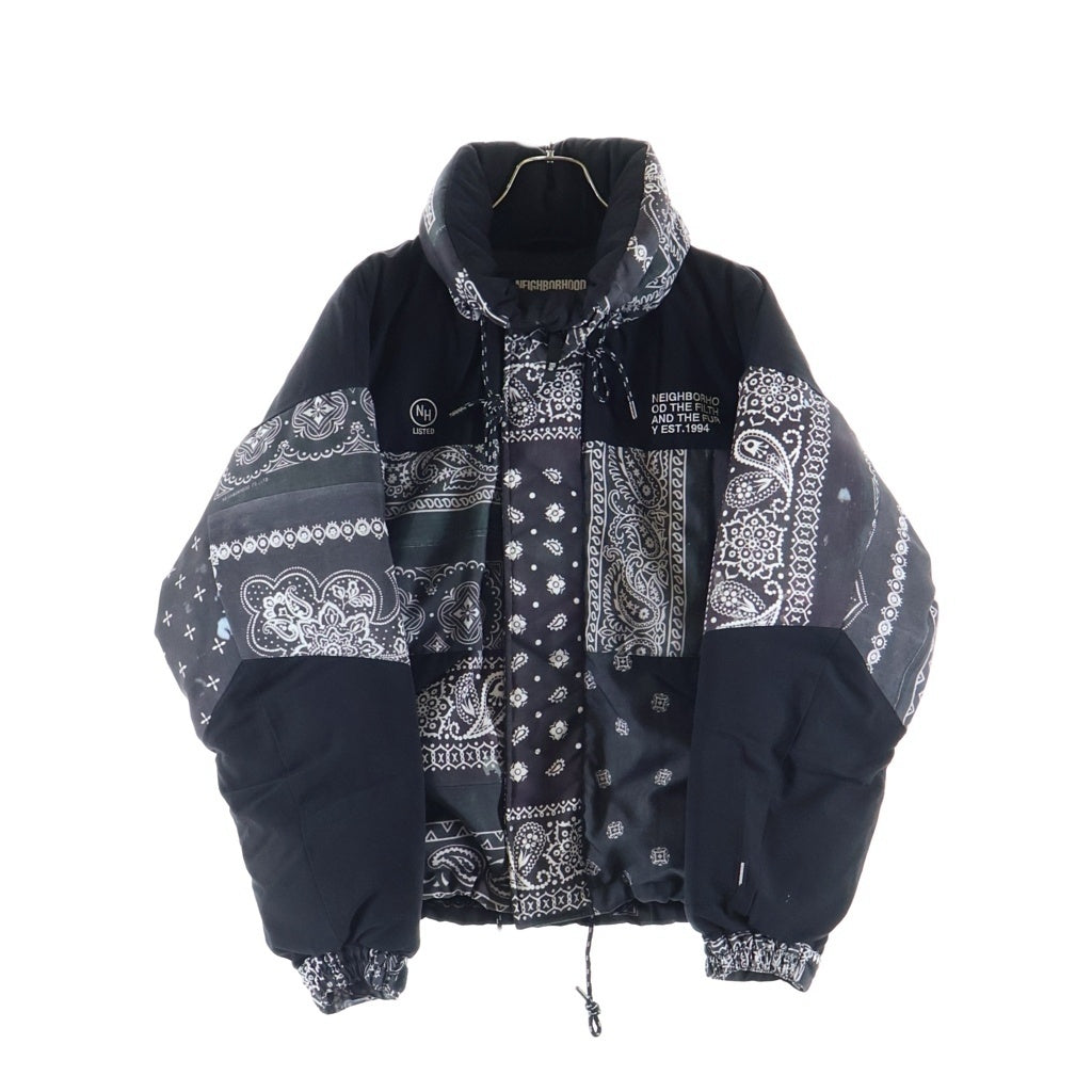 NEIGHBORHOOD(ネイバーフッド) 21AW BANDANA CHOPPED DOWN / E-JKT ペイズリー柄 バンダナチョップド ジップアップフーデッドダウンジャケット ブラック/グレー 212TSNH-JKM11
