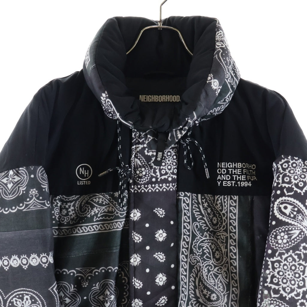NEIGHBORHOOD(ネイバーフッド) 21AW BANDANA CHOPPED DOWN / E-JKT ペイズリー柄 バンダナチョップド ジップアップフーデッドダウンジャケット ブラック/グレー 212TSNH-JKM11