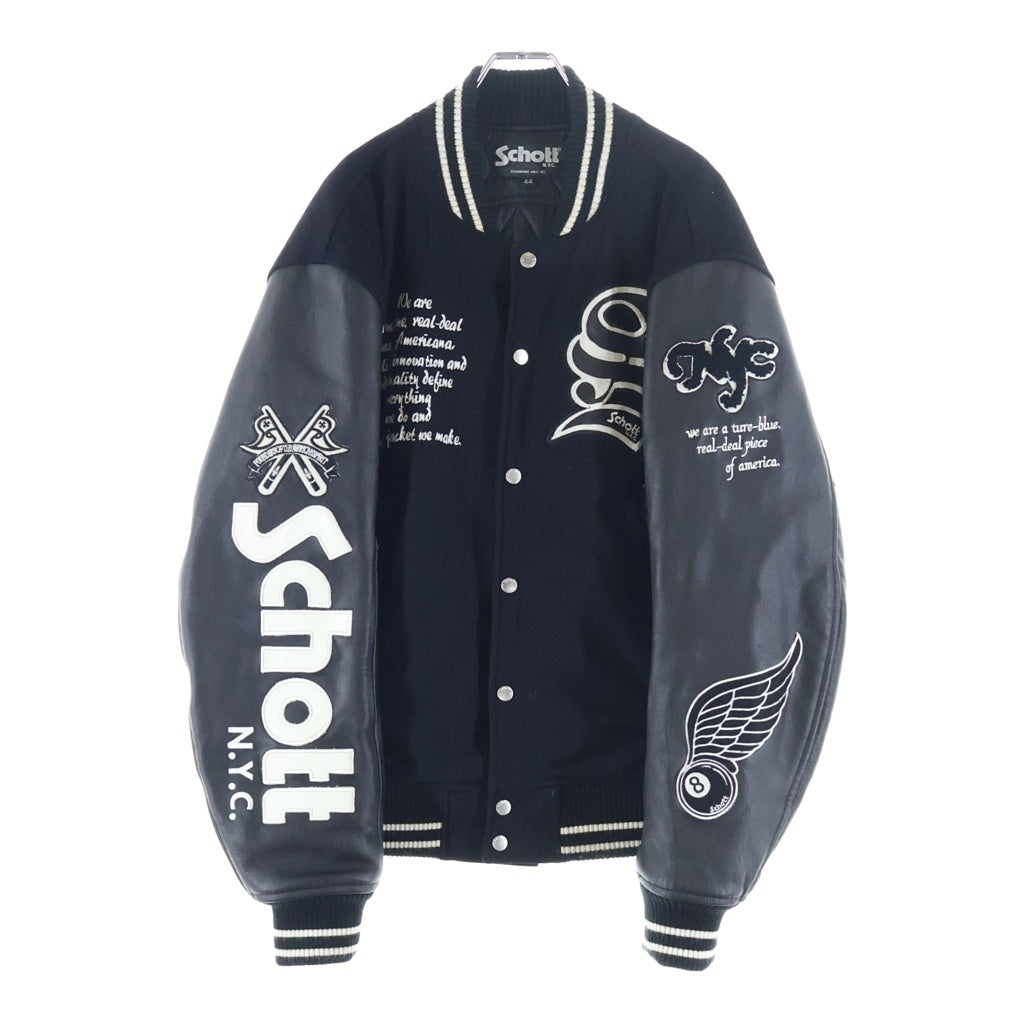SCHOTT(ショット) リブニット レザー切り替え ロゴエンブロイダリー スタジアムジャンパー ジャケット ブラック