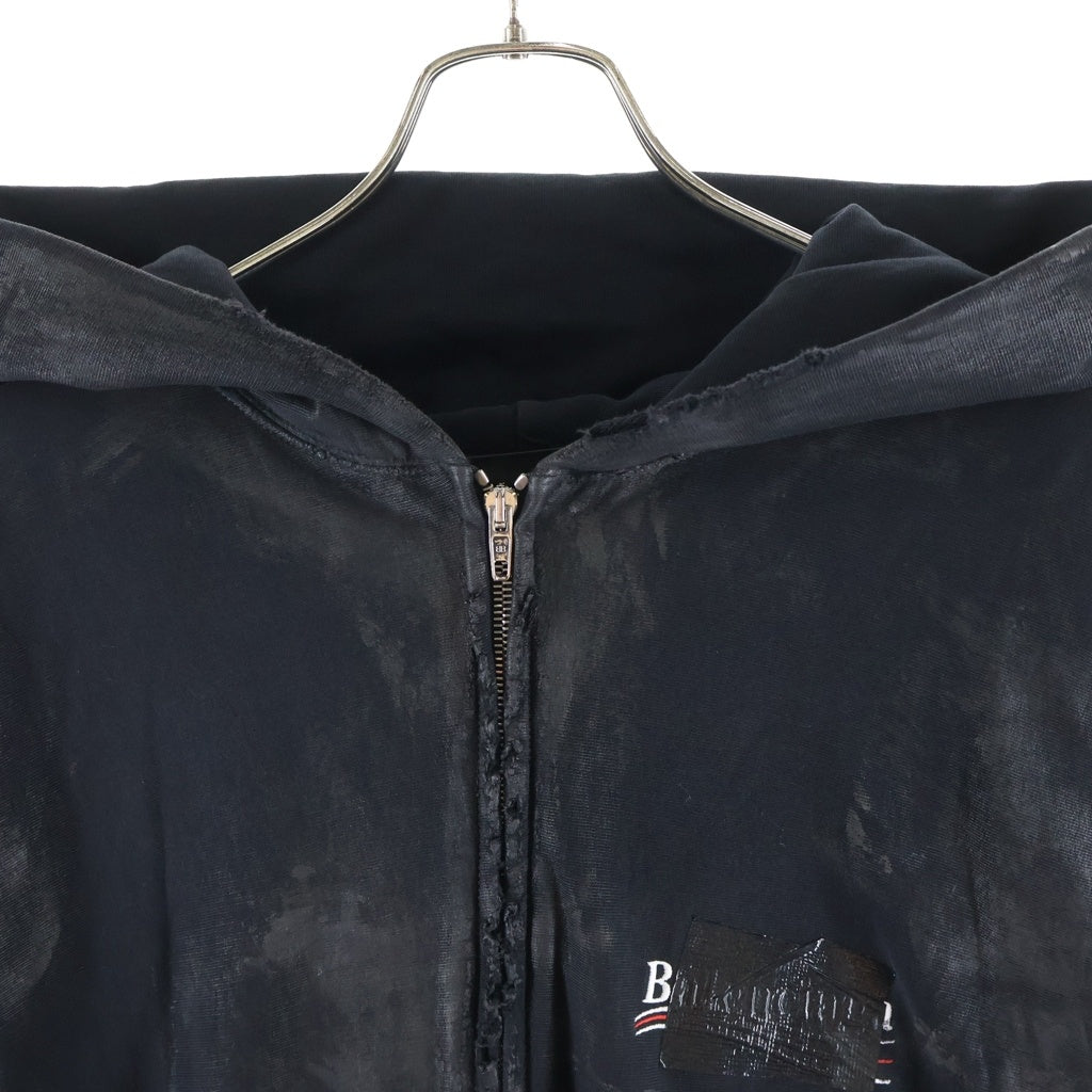BALENCIAGA(バレンシアガ) 22AW GAFFER TAPED POLITICAL CAMPAIGN LOGO ZIP HOODIE ガッファー テープド ポリティカル キャンペーン ロゴ 泥加工 ジップ フーディー パーカー ブラック 720424 TNVK5 1089
