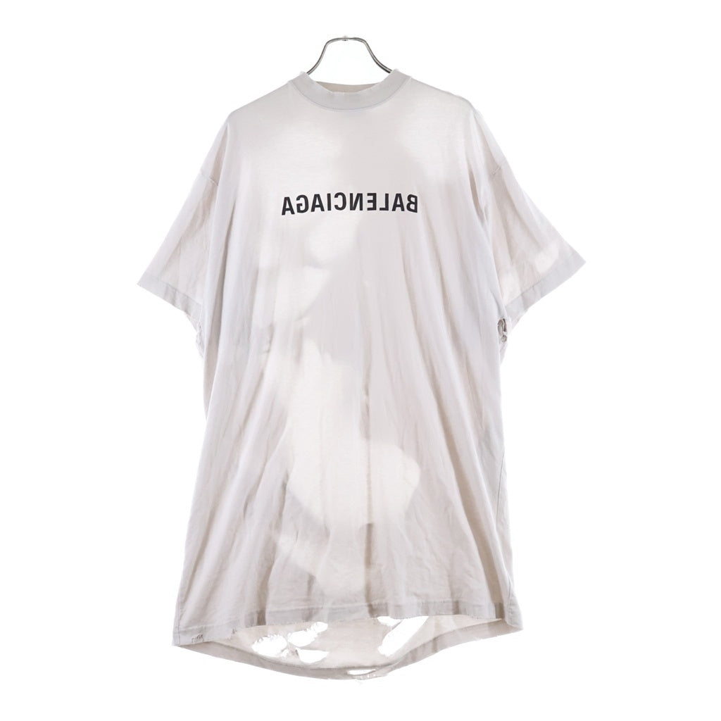 BALENCIAGA(バレンシアガ) 23AW MIRROR LOGO OVERSIZED T-SHIRT ミラーロゴ オーバーサイズ ダメージ加工 フロントプリントTシャツ 半袖クルーネックカットソー ホワイト 739028 TQVN7