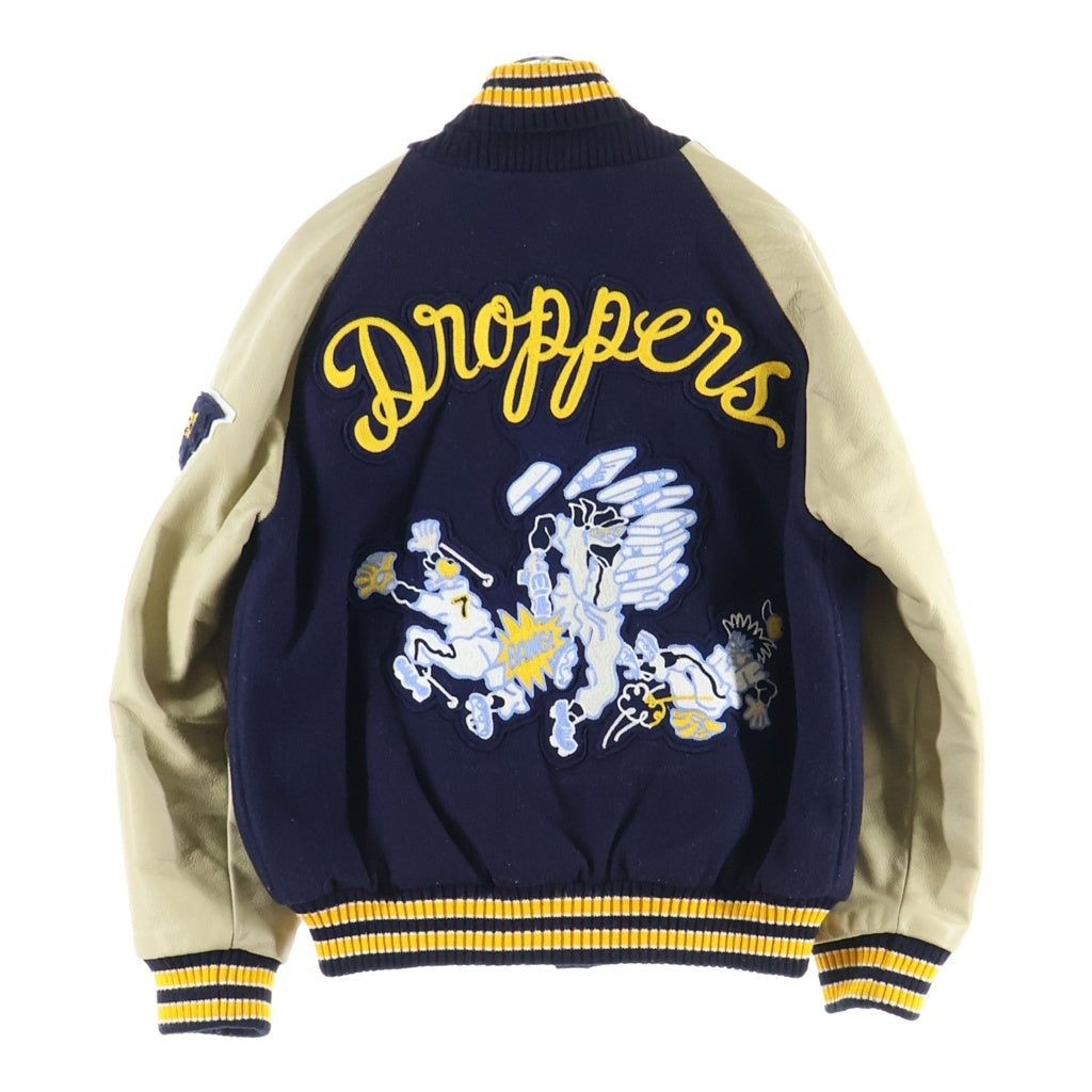 NO BRAND(ノーブランド) HEWITT MFG(ヒューイットエムエフジー) ×BACK DROP STADIUM JACKET バックドロップ スタジアムジャケット アームレザー切替 ウールスタジャン ネイビー/ベージュ