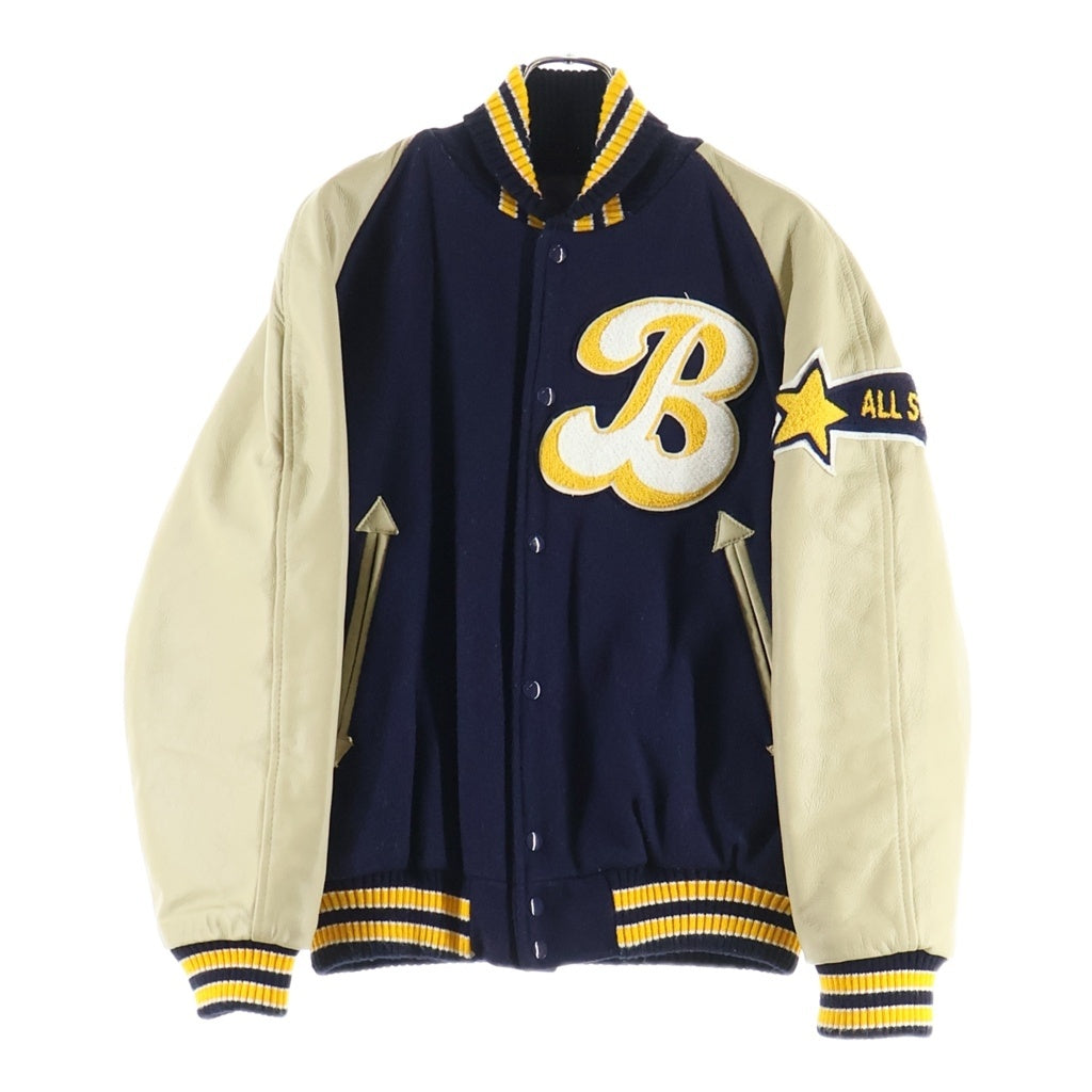 NO BRAND(ノーブランド) HEWITT MFG(ヒューイットエムエフジー) ×BACK DROP STADIUM JACKET バックドロップ スタジアムジャケット アームレザー切替 ウールスタジャン ネイビー/ベージュ