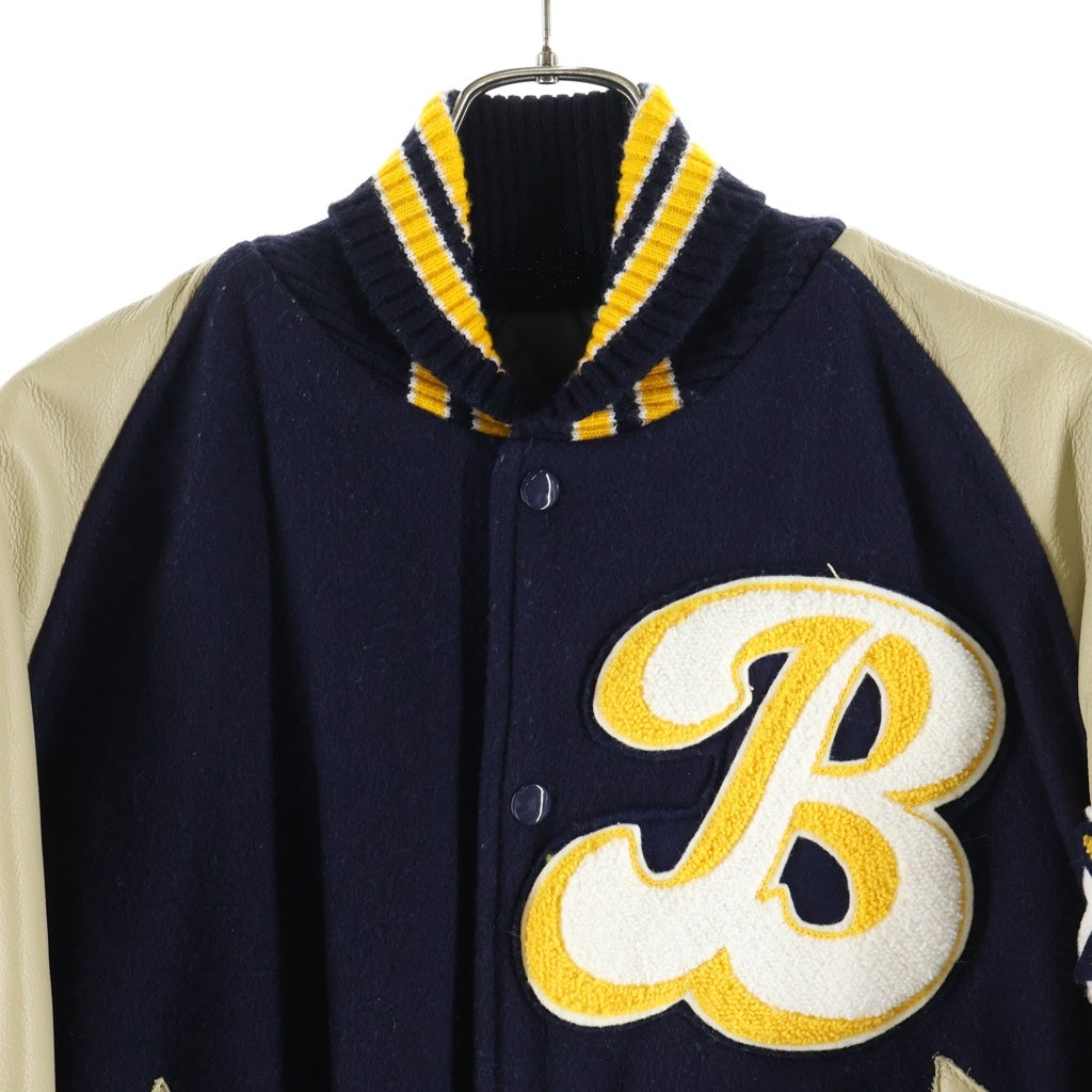 NO BRAND(ノーブランド) HEWITT MFG(ヒューイットエムエフジー) ×BACK DROP STADIUM JACKET バックドロップ スタジアムジャケット アームレザー切替 ウールスタジャン ネイビー/ベージュ