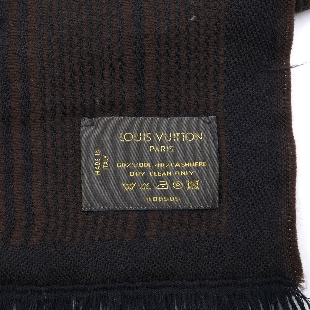 LOUIS VUITTON(ルイヴィトン) カシミヤ混 ストライプ LVエンブレム フリンジマフラー ストール ブラウン