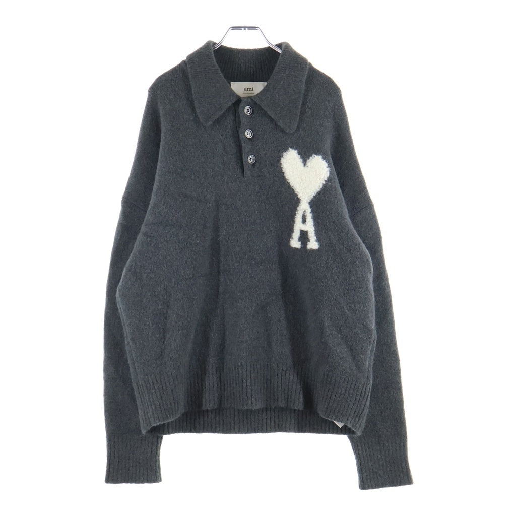 AMI Alexandre Mattiussi(アミアレクサンドルマテュッシ) Ami de Coeur ヘアリーアルパカ ハートロゴ ニットポロ セーター グレー UPL325.KN0032