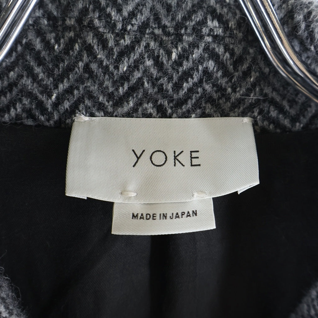 YOKE(ヨーク) 19AW DOUBLE JQUARD KNIT BALCOLLAR CORT ダブルジャガーニット ヘリンボーン バルカラー ロングコート ブラック YK19AW0044C