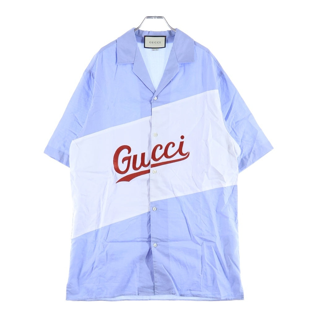 GUCCI(グッチ) ロゴ刺繍 スクリプトオーバーサイズ オープンカラー ボウリング半袖シャツ ブルー/ホワイト 619033 ZAEN3