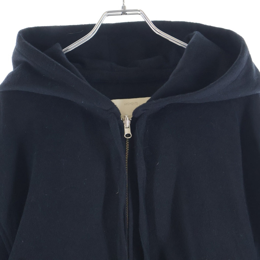 NO BRAND(ノーブランド) AMOMENTO アモメント WOOL ZIP UP PONCHO ドローストリング フーデッド ウール ジップアップ ポンチョ ブラック AM24FWM10JP