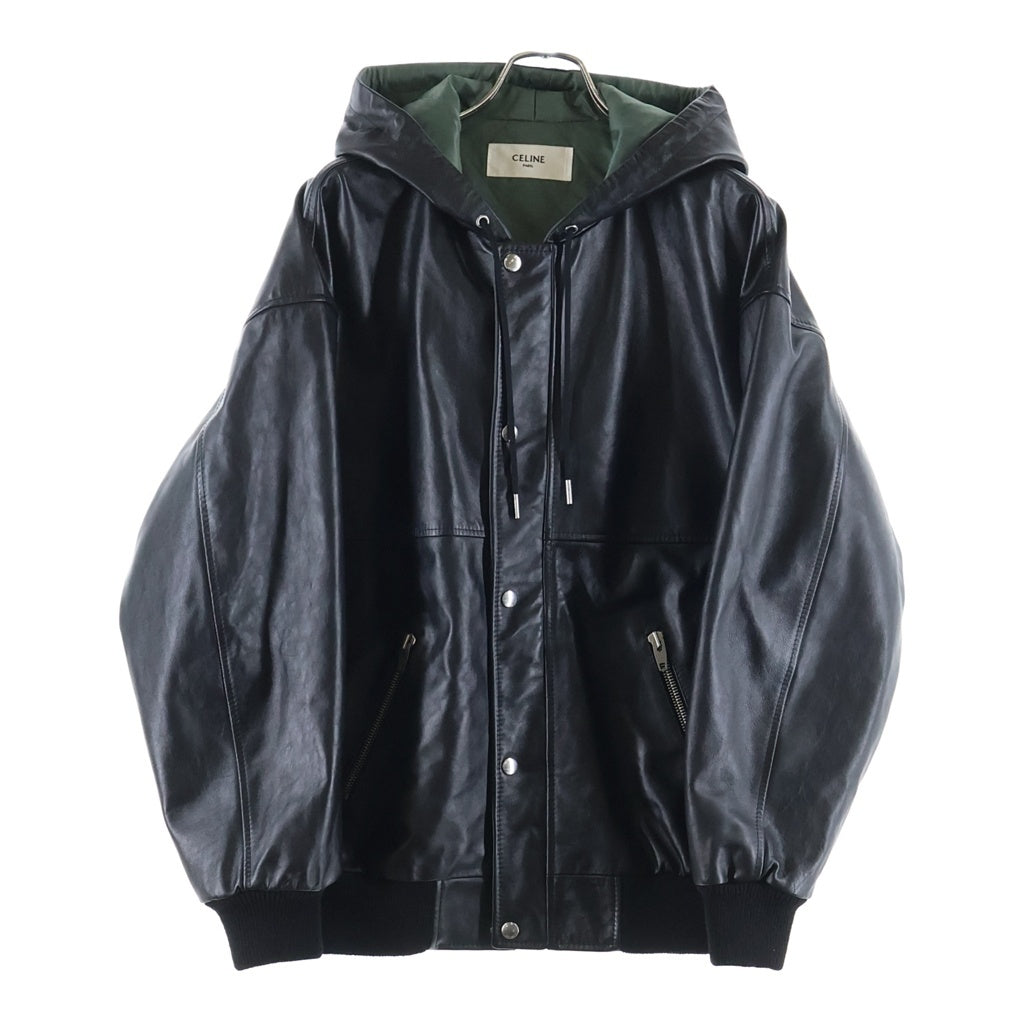 CELINE(セリーヌ) バックロゴプリント カウハイド フーデッドレザージャケット ブラック 2E976195O