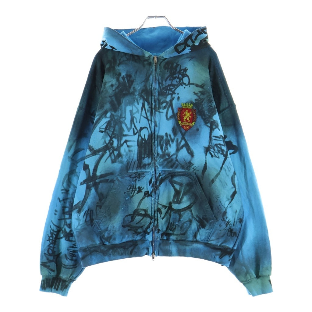 BALENCIAGA(バレンシアガ) 23SS MEDIUM FIT ZIP-UP HOODIE グラフィックペイントダメージ加工 スケータージップアップパーカー フーディー ブルー 744457 TOVA8