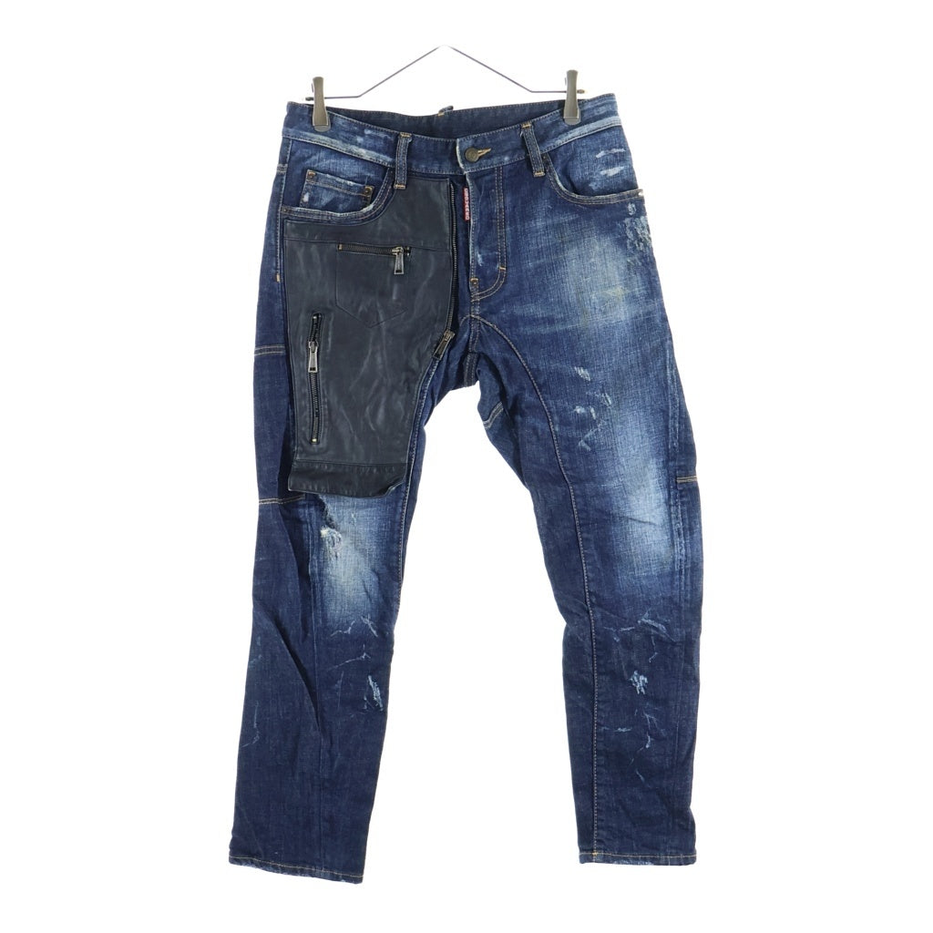 DSQUARED2(ディースクエアード) 11AW BIKER JEAN レザー装飾 ボタンフライ バイカージーン デニムパンツ インディゴ S74LA0340