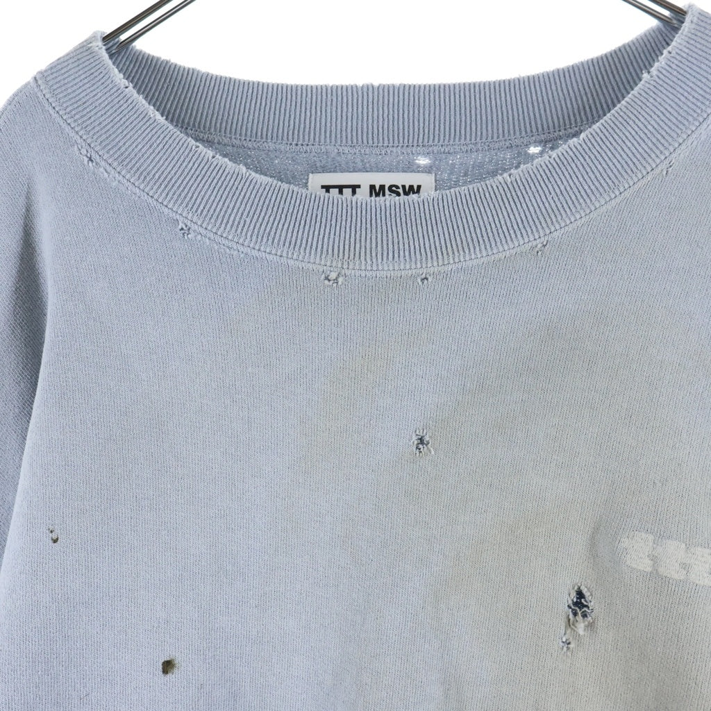 TTT_MSW(ティーモダンストリートウェア) 23AW CREW NECK SWEAT ダメージ加工 クルーネックスウェットトレーナー ライトブルー TTT-2023AW-CT03