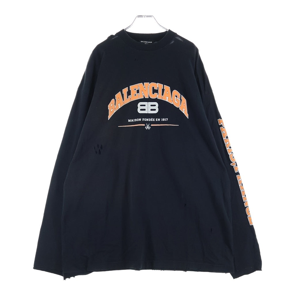 BALENCIAGA(バレンシアガ) 22SS ダメージ加工 ロゴプリントTシャツ 長袖クルーネックカットソー ブラック 681046 TLVJ1