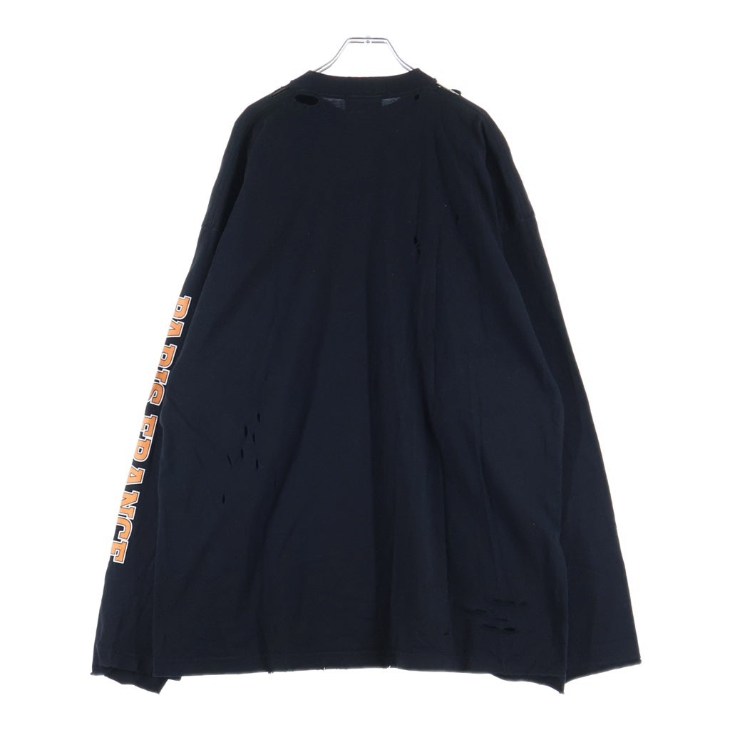 BALENCIAGA(バレンシアガ) 22SS ダメージ加工 ロゴプリントTシャツ 長袖クルーネックカットソー ブラック 681046 TLVJ1