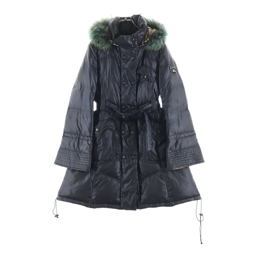 BURBERRY BLUE LABEL(バーバリーブルーレーベル) 裏地ノバチェック ベルテッド ファーフーデッド ジップアップ ロングダウンジャケット レディース ネイビー FRF10-592-09