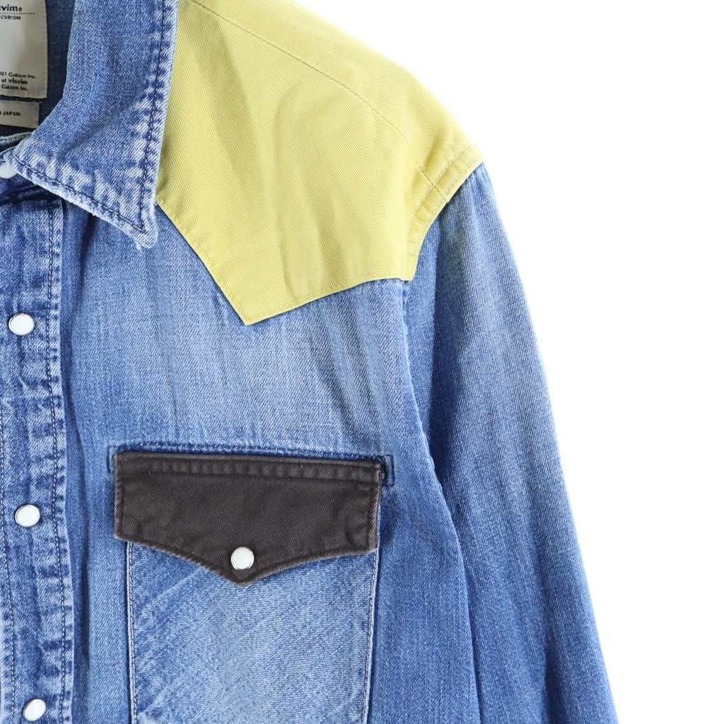 VISVIM(ヴィスヴィム) ヨーク切替デザイン 長袖デニムウェスタンシャツ インディゴ/イエロー/ブラウン
