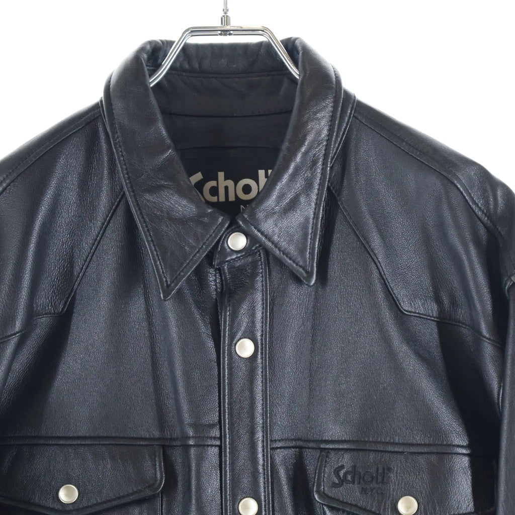 SCHOTT(ショット) LAMB LEATHER SHIRT ロゴ刺繍 ラムレザーシャツジャケット ブラック 3111029