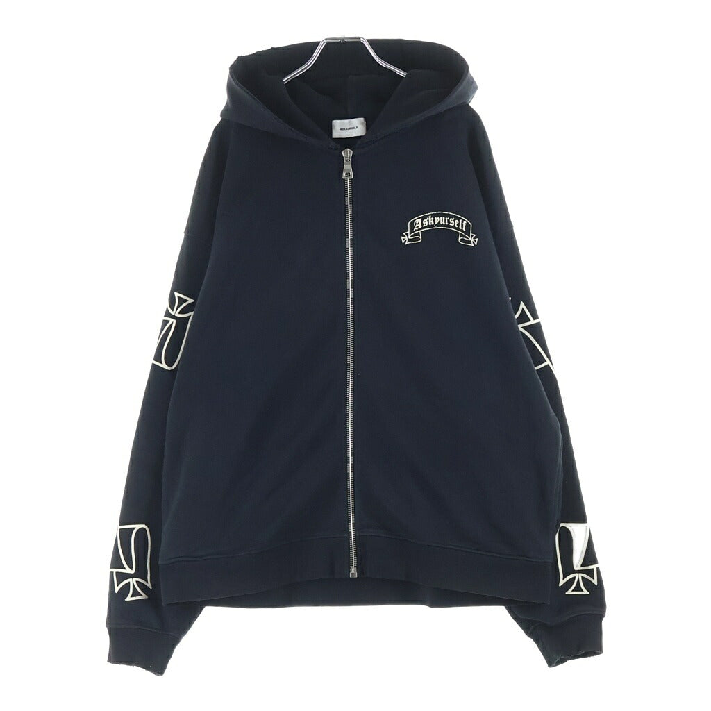 ASKYURSELF(アスクユアセルフ) BANNED ZIP HOODIE バンド ダメージ加工 アームプリント ジップアップスウェットパーカー フーディー ブラック
