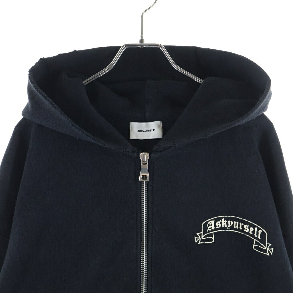 ASKYURSELF(アスクユアセルフ) BANNED ZIP HOODIE バンド ダメージ加工 アームプリント ジップアップスウェットパーカー フーディー ブラック