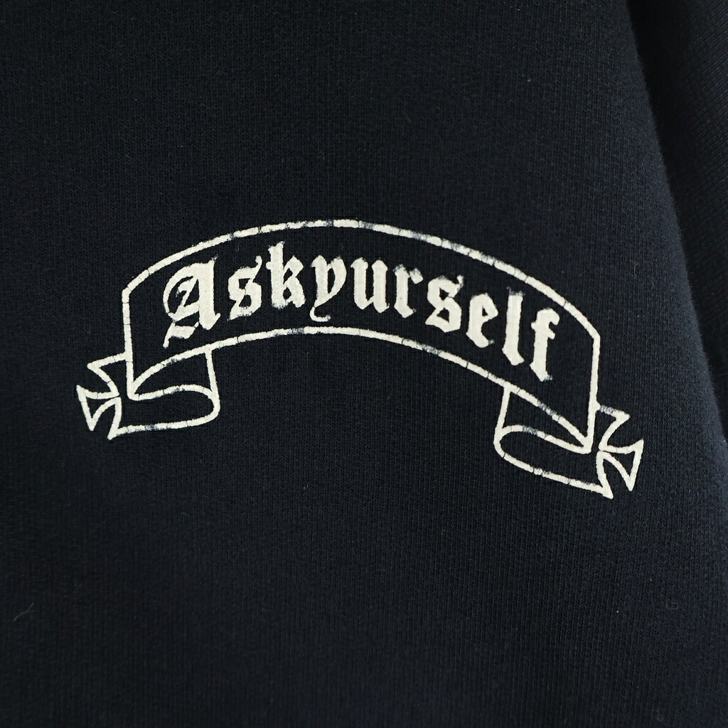 ASKYURSELF(アスクユアセルフ) BANNED ZIP HOODIE バンド ダメージ加工 アームプリント ジップアップスウェットパーカー フーディー ブラック