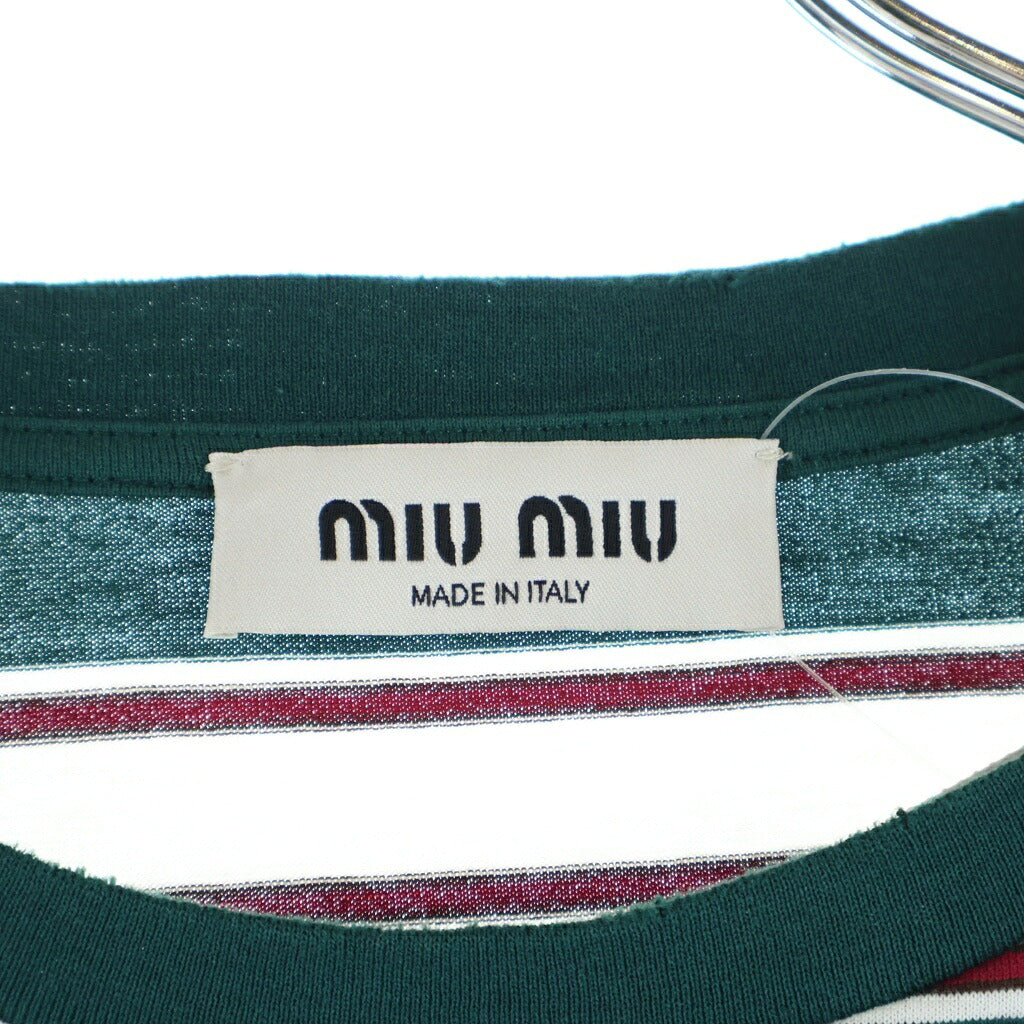 miumiu(ミュウミュウ) 25SS コットン ロゴエンブロイダリー ボーダー クルーネック長袖Tシャツ カットソー グリーン MJL014